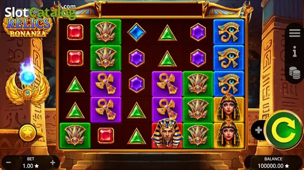 Arte oficial de la tragamonedas Ras Relics Bonanza de BoomingGames, con escarabajos y tesoros egipcios