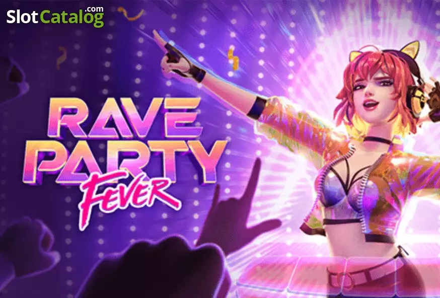 Pantalla de la tragamonedas Rave Party Fever de PG Soft, con una cabina de DJ y luces de neón sobre una cuadrícula de 7x7