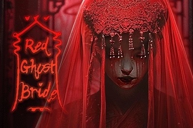 Captura del tragamonedas Red Ghost Bride mostrando a la novia fantasma vestida de rojo sobre la rejilla en cascada
