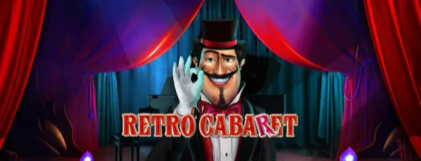 Arte oficial de la tragamonedas Retro Cabaret de Amusnet Interactive, con maestro de ceremonias y bailarinas en estilo art déco