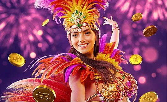 Pantalla de la tragamonedas Rio Fantasia de PG Soft, con una bailarina de samba y símbolos de carnaval brasileño