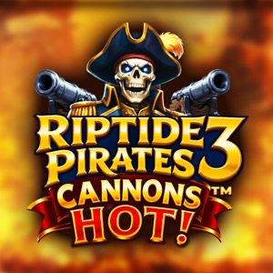 Pantalla de la tragamonedas Riptide Pirates 3: Cannons Hot!, con barcos piratas, cañones y una cuadrícula de batalla naval
