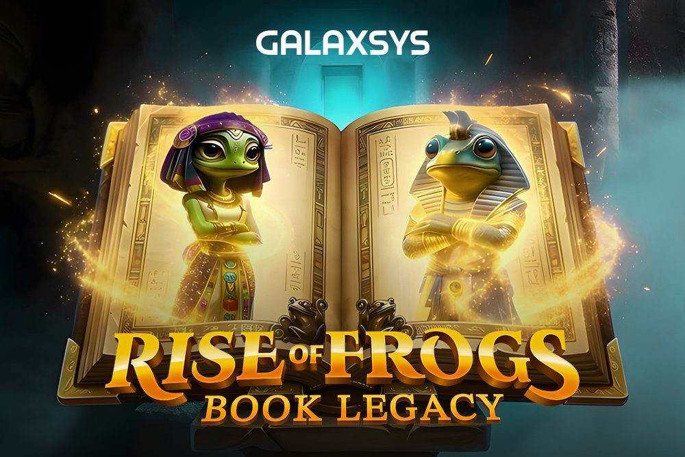 Pantalla de la tragamonedas Rise Of Frogs: Book Legacy de Galaxsys, con ranas egipcias y símbolos dorados expansivos