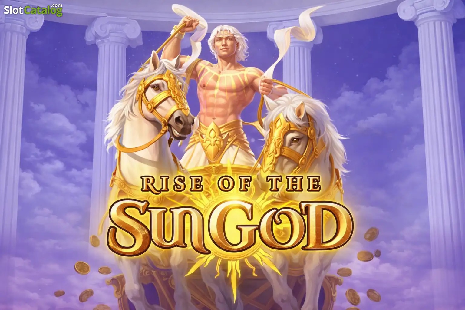 Arte promocional de la tragamonedas Rise of the Sun God (Rise of Apollo) de PG Soft, con el dios griego Apolo rodeado de símbolos dorados