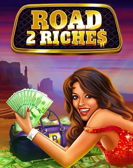 Pantalla de la tragamonedas Road 2 Riches de BGaming, con una carretera americana, autos clásicos y símbolos de diamantes