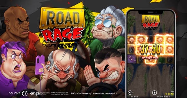 Arte oficial de la tragamonedas Road Rage de Nolimit City, con coches de colores en un embotellamiento caótico