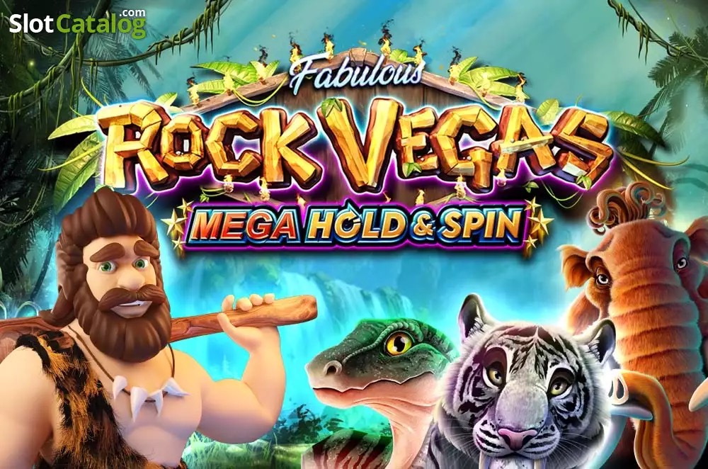 Arte oficial de la tragamonedas Rock Vegas de Pragmatic Play/Reel Kingdom, con cavernícolas, animales prehistóricos y piedras de casino