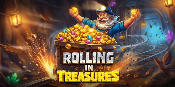 Arte oficial de la tragamonedas Rolling in Treasures de Pragmatic Play, con un minero sonriente y un carrito lleno de gemas y oro