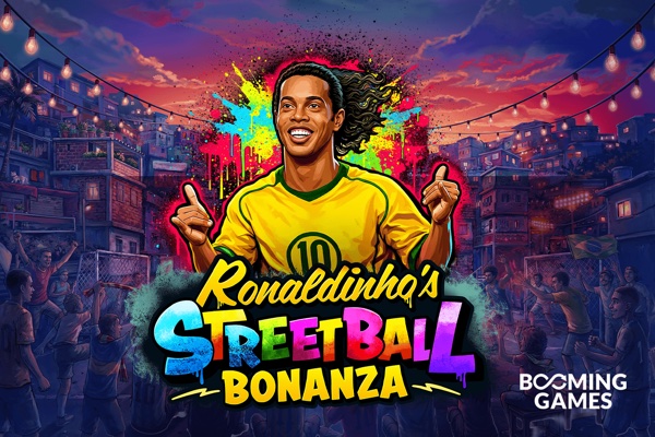 Arte oficial de la tragamonedas Ronaldinho's Streetball Bonanza de BoomingGames, con una cancha de basquetbol callejero