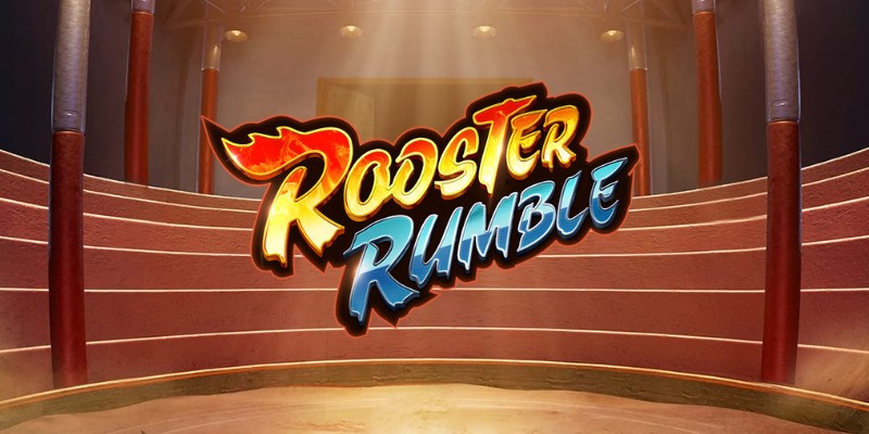 Pantalla de la tragamonedas Rooster Rumble de PG Soft, con un gallo blanco y un gallo rojo en pleno duelo ceremonial sobre fondo dorado