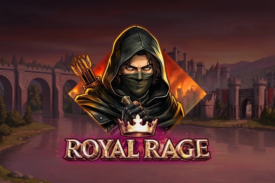 Pantalla de la tragamonedas Royal Rage de TrueLab Games, con un asesino encapuchado, un castillo medieval y monedas doradas acumulándose en la Tesorería