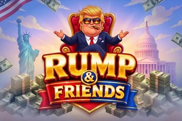 Arte oficial de la tragamonedas Rump & Friends de InOut Games, con un personaje presidencial caricaturesco sentado en un trono junto al tablero de jackpots fijos