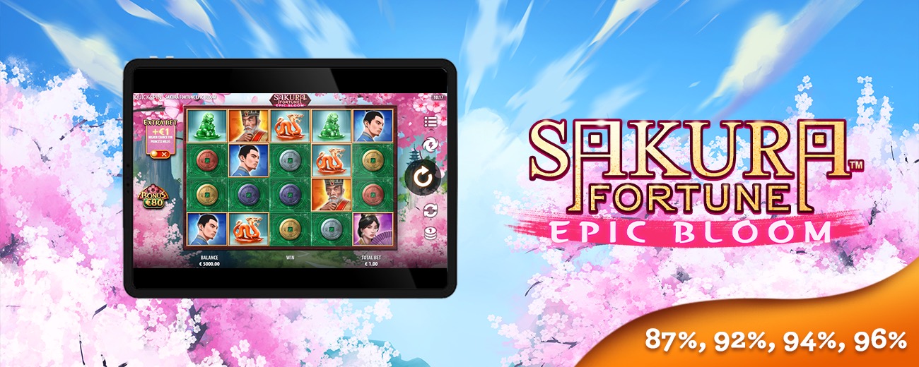 La princesa guerrera Sakura rodeada de flores de cerezo en la tragamonedas Sakura Fortune Epic Bloom de Quickspin
