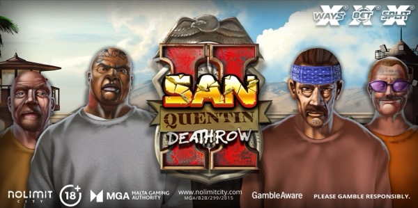 Arte oficial de la tragamonedas San Quentin 2: Death Row de Nolimit City, con bloque de máxima seguridad carcelario