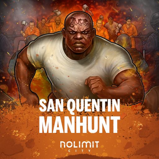 Arte oficial de la tragamonedas San Quentin Manhunt de Nolimit City, con fuga de prisión y perros rastreadores
