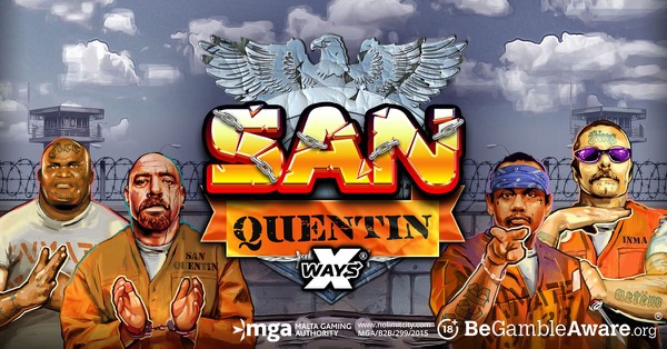 Arte oficial de la tragamonedas San Quentin xWays de Nolimit City, con reclusos en una prisión de máxima seguridad