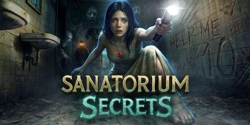 Pantalla de la tragamonedas Sanatorium Secrets de Pragmatic Play, con el edificio gris de un sanatorio abandonado y símbolos de gancho quirúrgico