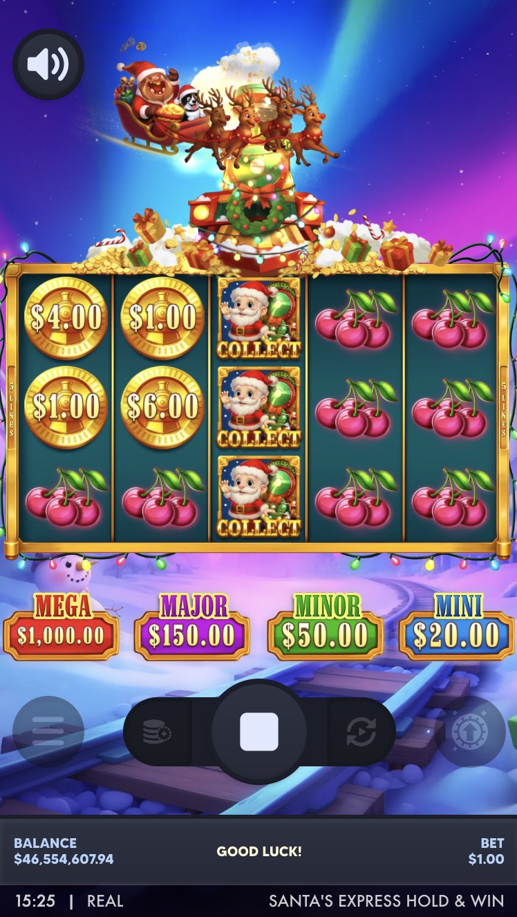 Captura del tren navideño y los símbolos de monedas de Santa's Festive Express Hold and Win