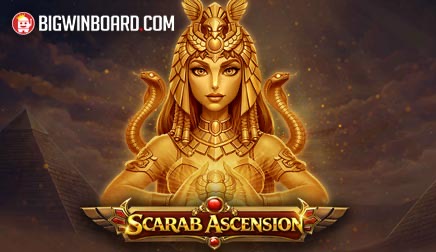 Arte oficial de la tragamonedas Scarab Ascension de NowNow Gaming, con escarabajos dorados, pirámides y símbolos egipcios