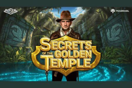 Arte oficial de la tragamonedas Secrets of the Golden Temple, desarrollada por Reflex Gaming y publicada por Yggdrasil, con temática de templo antiguo y caza de tesoros