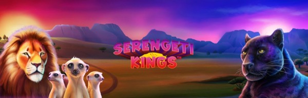 Arte oficial de la tragamonedas Serengeti Kings de NetEnt, con león y pantera en un safari africano