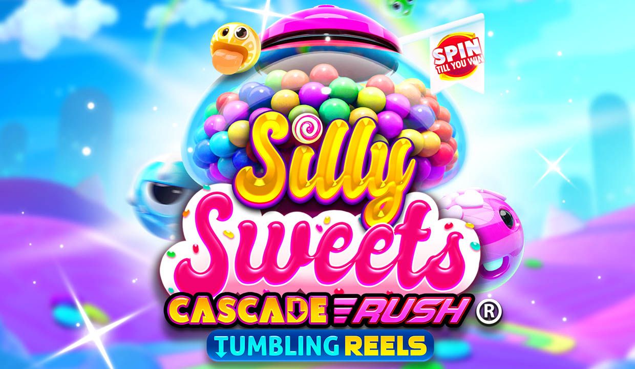 Captura de la tragamonedas Silly Sweets Cascade Rush, con dulces coloridos cayendo en cascada sobre una cuadrícula de 6x5