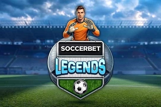 Arte oficial de la tragamonedas Soccerbet Legends de Bulletproof Games, con jugadores de fútbol estilizados sobre una cuadrícula de rodillos