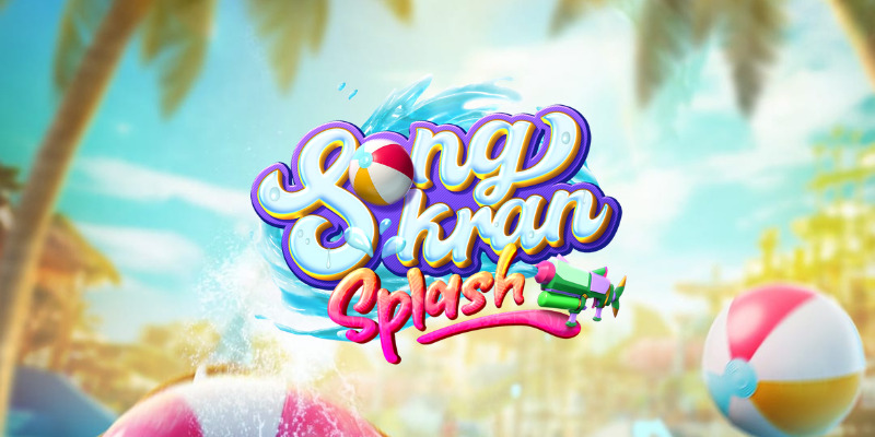 Arte oficial de la tragamonedas Songkran Splash de PG Soft, con salpicaduras de agua, elementos festivos tailandeses y colores tropicales de fondo