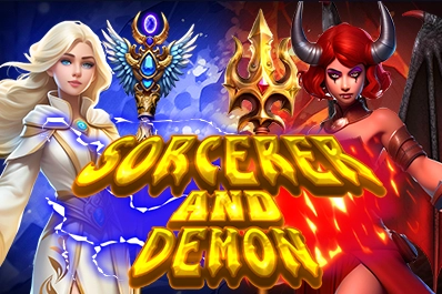 Pantalla de la tragamonedas Sorcerer and Demon, de KA Gaming, con símbolos de magia oscura e imágenes angelicales