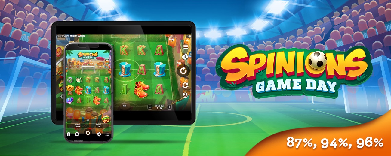 Arte oficial de la tragamonedas Spinions Game Day de Quickspin, con los personajes Spinions naranjas jugando futbol en un estadio
