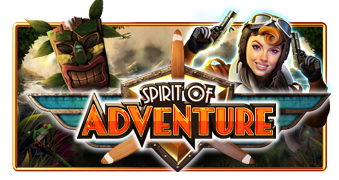 Pantalla de la tragamonedas Spirit of Adventure de Pragmatic Play, con una aventurera en un escenario de selva y ruinas rodeada de máscaras tiki y cálices