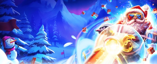 Santa Claus en moto corriendo por los rodillos de la tragamonedas Stampede Rush Speedy Santa, con tema navideño