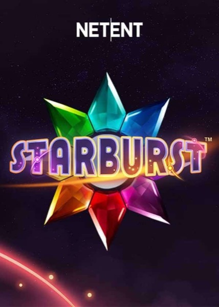 Arte oficial de la tragamonedas Starburst de NetEnt, con joyas de colores y barras de oro
