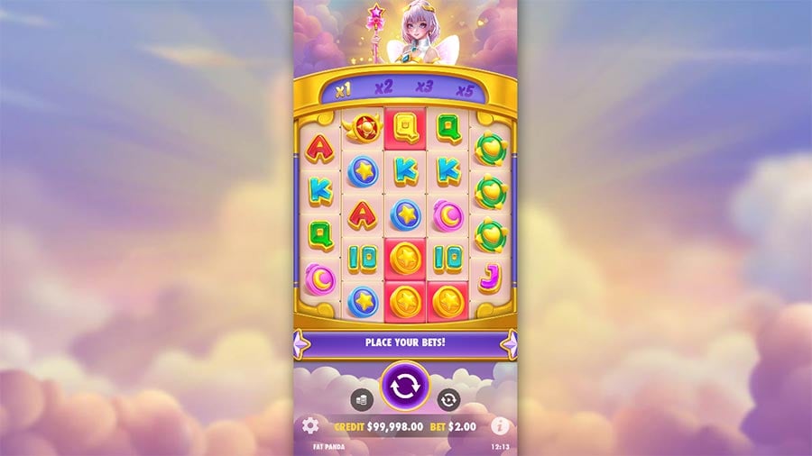 Pantalla de la tragamonedas Starlight Wins, con una hechicera sobre un cielo pastel y símbolos celestiales de estrellas, lunas y corazones