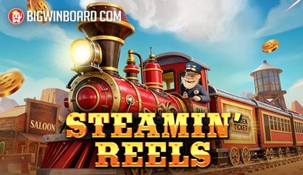 Captura de la tragamonedas Steamin Reels de Pragmatic Play, con una locomotora del viejo oeste y boletos dorados en los rodillos