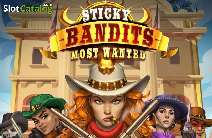 Arte oficial de la tragamonedas Sticky Bandits 3: Most Wanted de Quickspin, con cinco bandidas forajidas frente a una bóveda
