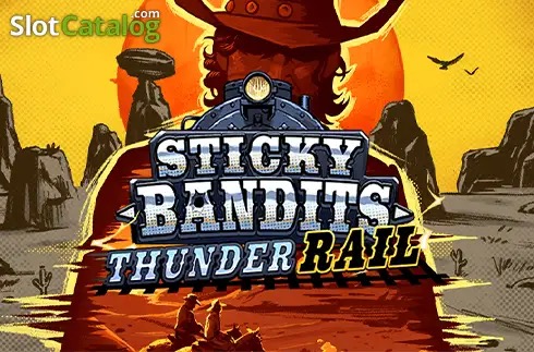 Arte oficial de la tragamonedas Sticky Bandits Thunder Rail de Quickspin, con los bandidos Colt y Ezra asaltando un tren en el viejo oeste