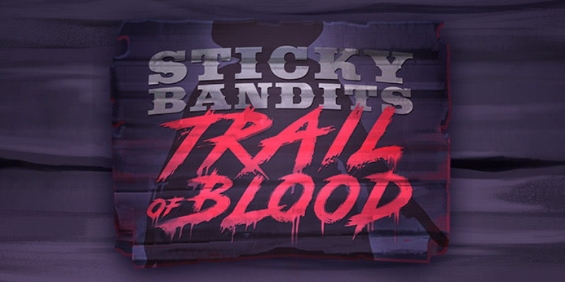Pantalla de la tragamonedas Sticky Bandits Trail of Blood de Quickspin, con el pistolero Tex Tallon en un pueblo minero del viejo oeste