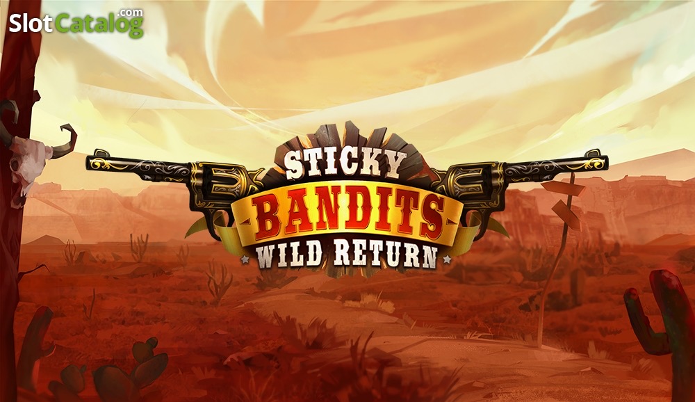 Pantalla de la tragamonedas Sticky Bandits: Wild Return de Quickspin, con los tres forajidos del viejo oeste y símbolos gigantes en un saloon
