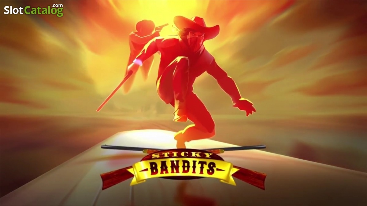Arte oficial de la tragamonedas Sticky Bandits de Quickspin, con cowboys y bandidos tras el asalto a un tren en el viejo oeste