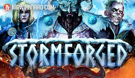 Guerrero nórdico en un campo de batalla entre hielo y fuego en la tragamonedas Stormforged