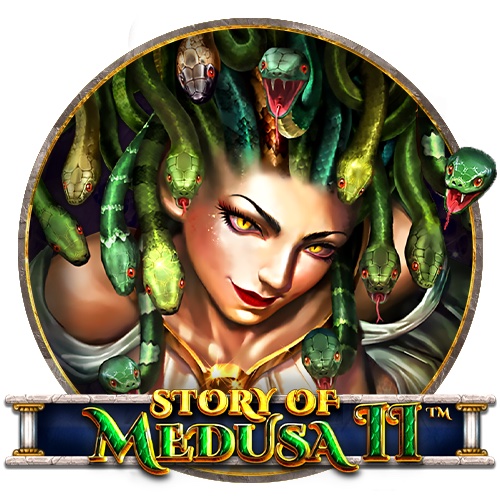 Pantalla de la tragamonedas Story of Medusa II, de Spinomenal, con la Gorgona Medusa en un escenario de mitología griega