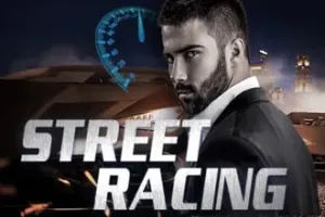 Arte de la tragamonedas Street Racing de KA Gaming, con autos de carreras ilegales en una pista urbana de noche