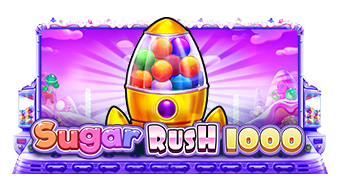 Arte oficial de la tragamonedas Sugar Rush 1000 de Pragmatic Play, con ositos de goma y dulces en una cuadrícula 7x7