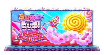 Arte oficial de la tragamonedas Sugar Rush Super Scatter de Pragmatic Play, con dulces en cuadrícula de cluster