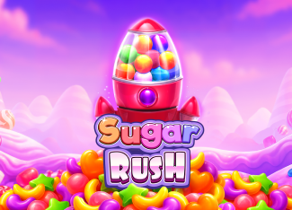 Arte oficial de la tragamonedas Sugar Rush de Pragmatic Play, con ositos de goma y dulces de colores en cuadrícula 7x7