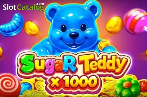 Pantalla de la tragamonedas Sugar Teddy X1000 de Playson, con el osito mascota colorido rodeado de dulces y monedas multiplicadoras