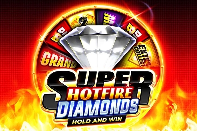 Pantalla de la tragamonedas Super Hotfire Diamonds de 3 Oaks Gaming, con diamantes, llamas y símbolos clásicos 777