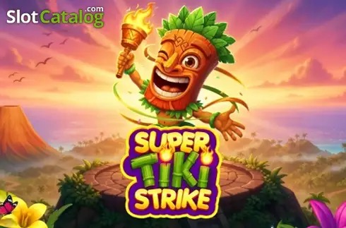 Pantalla de la tragamonedas Super Tiki Strike de Pragmatic Play, con un volcán tropical de fondo, flores, palmeras y símbolos clásicos de frutas