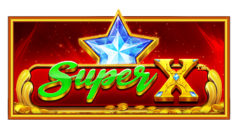 Pantalla del juego Super X de Pragmatic Play con monedas de oro, diamantes y símbolos numéricos dorados